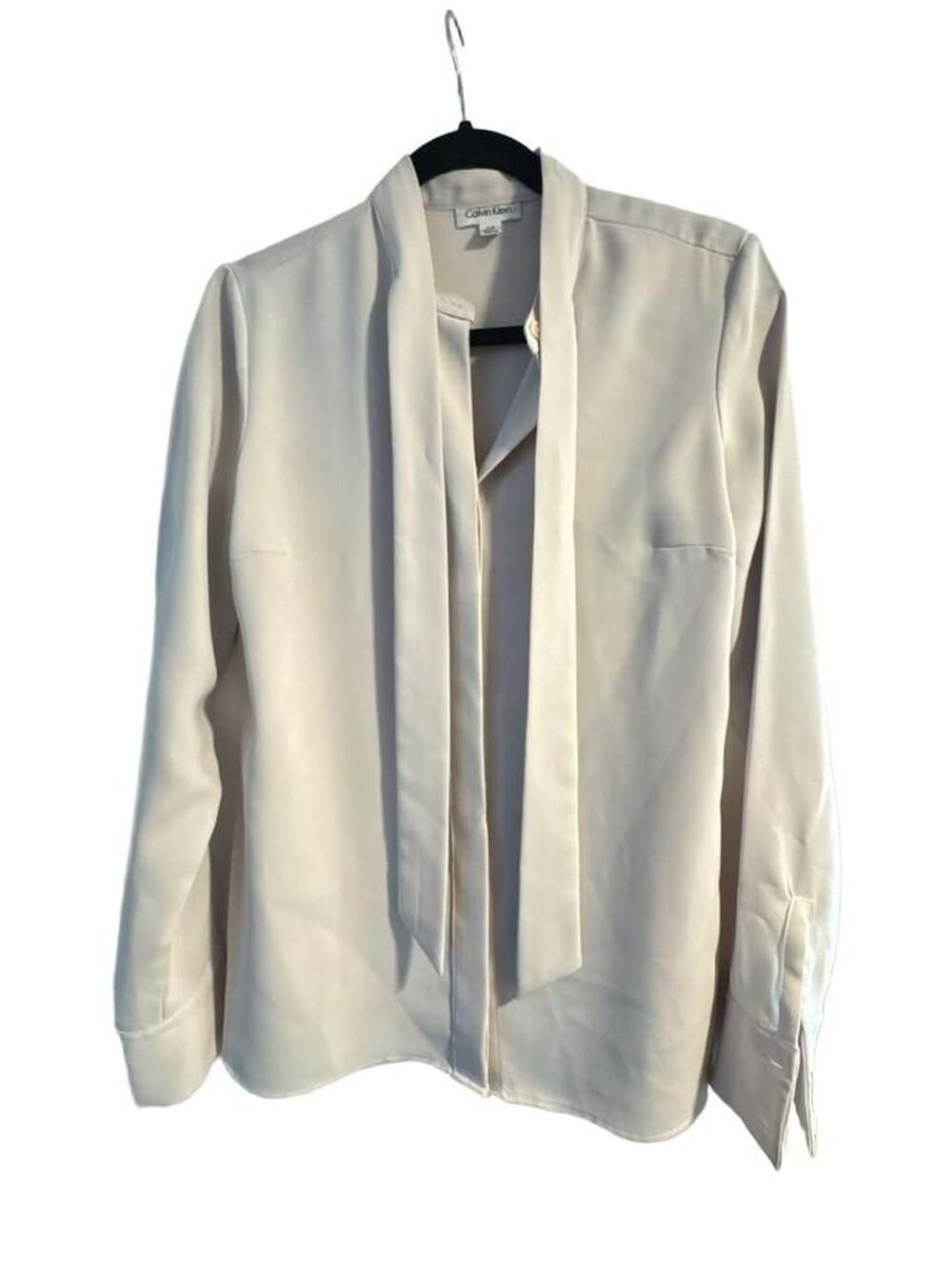 Calvin Klein Blouse Size S Long Sleeve Tie Neck Cream Polyester